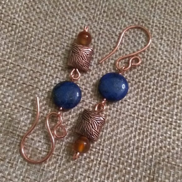 Autumn Alchemy: Copper & Lapis Coin Earrings with Russet Agate Warmth ~ Handmade - Picture 2 of 11